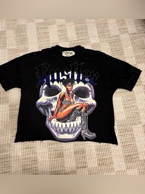 Bkys Black Crop “Born hustler” Tee Skull Graphic